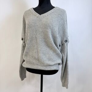 KyeMi Convertible Sleeve V-Neck Chunky Rib Knit Sweater Womens L Gray Wool Blend